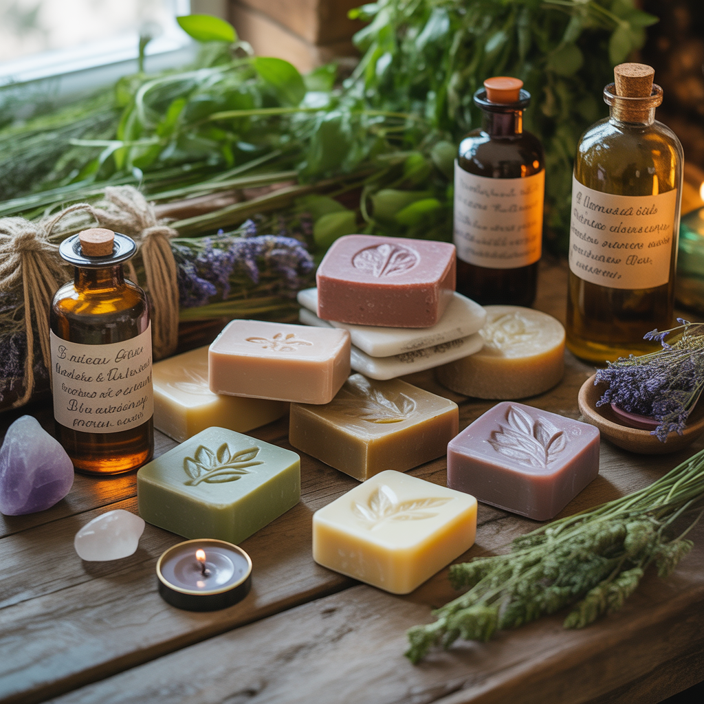 Luxurious spiritual soaps and oils beautifully displayed with fresh roses, healing crystals, and candles on an elegant wooden surface, showcasing premium botanica products designed for daily beauty rituals and energy cleansing.