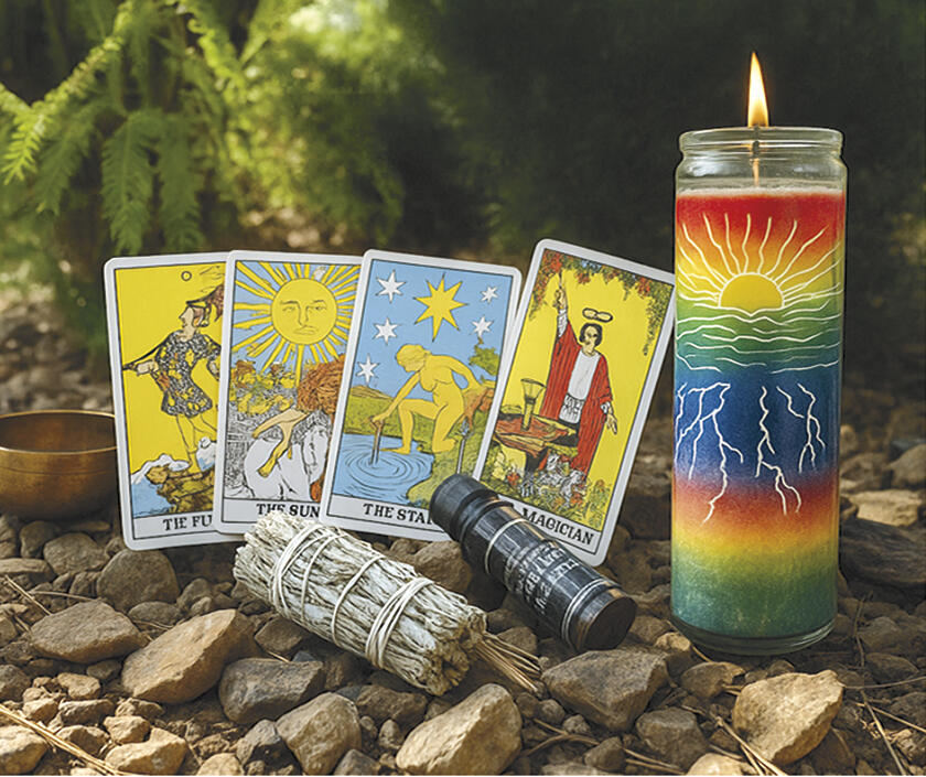Elegant tarot cards spread on a mystical table with crystals, candles, and fresh roses, creating an enchanting divination setup for spiritual guidance and fortune telling readings.