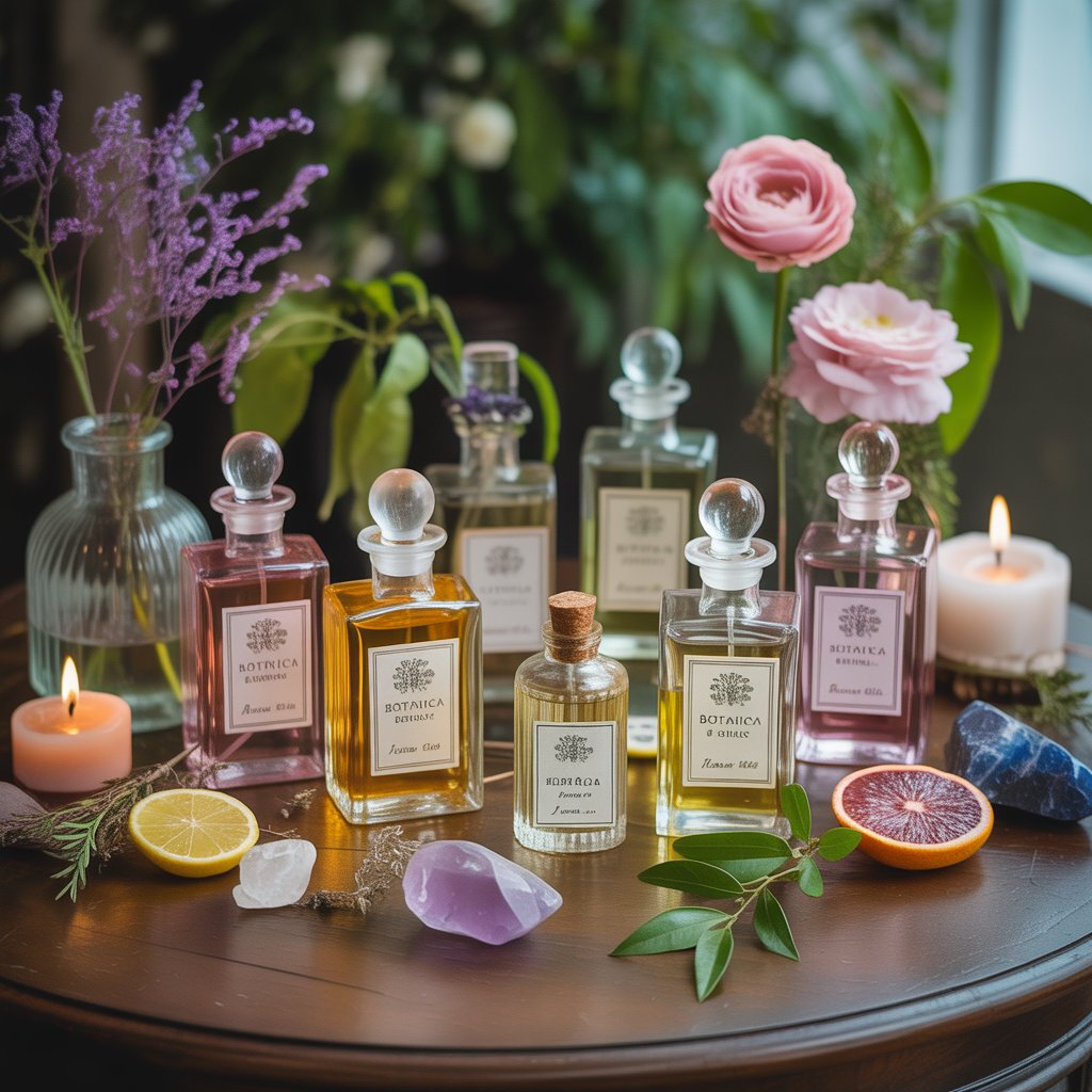 Beautiful collection of spiritual perfumes, oils, and candles arranged with fresh roses, crystals, and citrus on an elegant wooden table, creating an inviting display of botanica products for love, prosperity, and manifestation rituals.